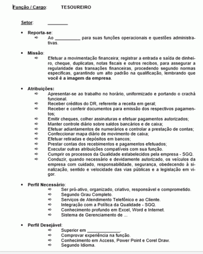 Modelo de Descrição de Cargo - Tesoureiro