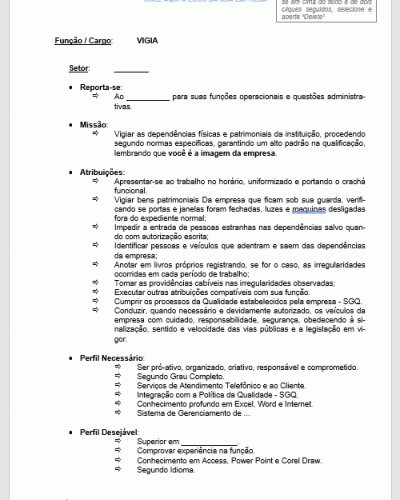 Modelo de Descrição de Cargo - Vigia - Guarda - Segurança - Porteiro