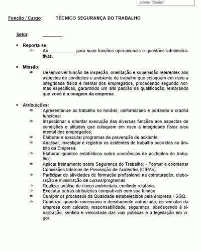 Modelo de Descrição de Cargo - Técnico de Segurança do Trabalho