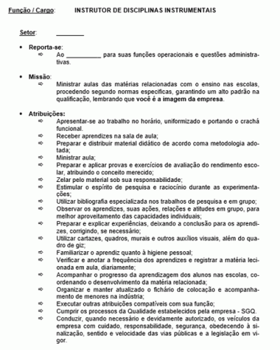 Modelo de Descrição de Cargo - Professor - Instrutor de Disciplinas Instrumentais