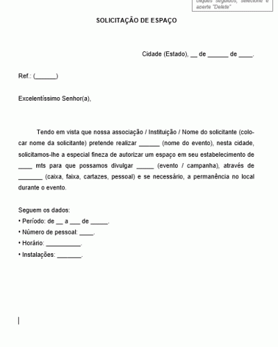 Solicitação Padrão para Espaço dentro de Estabelecimento para Realização de Evento / Campanha Solicitação Padrão para Espaço dentro de Estabelecimento para Realização de Evento / Campanha