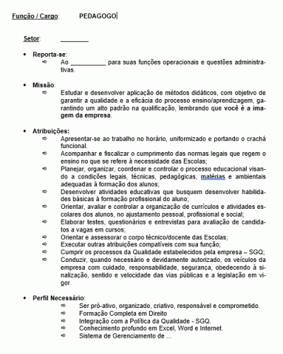 Modelo de Descrição de Cargo - Pedagogo - Pedagogia