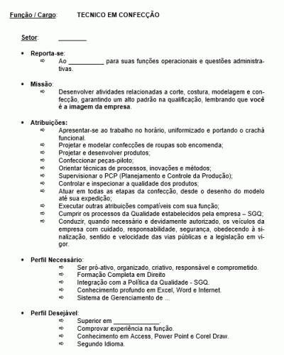 Modelo de Descrição de Cargo - Técnico em Confecção - Costureira Profissional