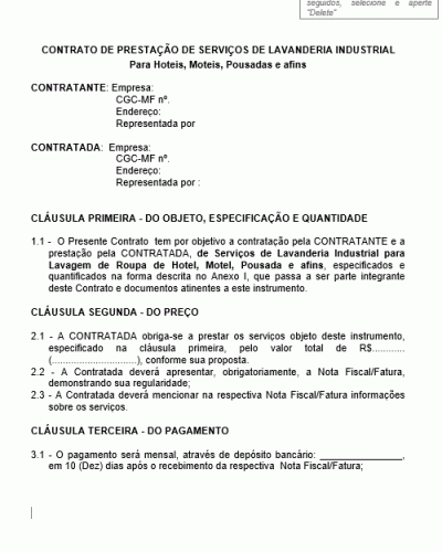 Modelo de Contrato de Prestação de Serviços de Lavanderia Industrial - Hotel Pousada Motel