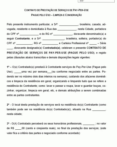 Modelo de Contrato de Prestação de Serviços de Pay-Per-Use - Limpeza em Residências e Condomínios