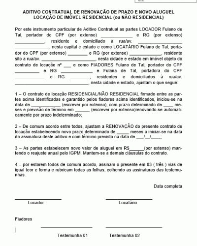 Modelo de Termo Aditivo Contratual de Renovação de Prazo e Valores Aluguel