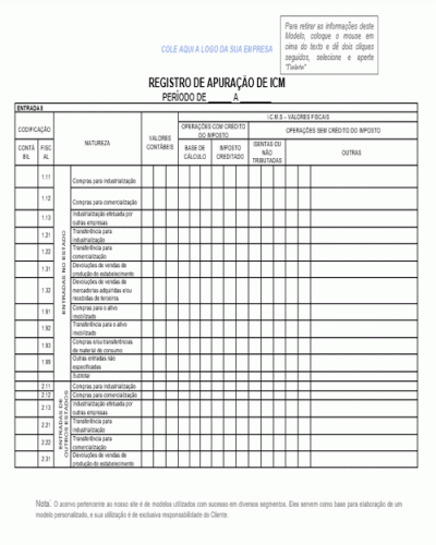 Modelo de Registro de Apuração de ICMS Imposto sobre Circulação de Mercadorias e Serviços