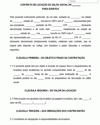 Modelo de Contrato de Locação de Salão Espaço para Eventos