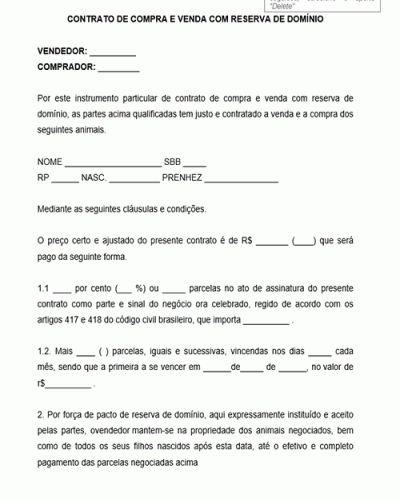 Modelo de Contrato de Compra e Venda de Animais com Reserva de Domínio