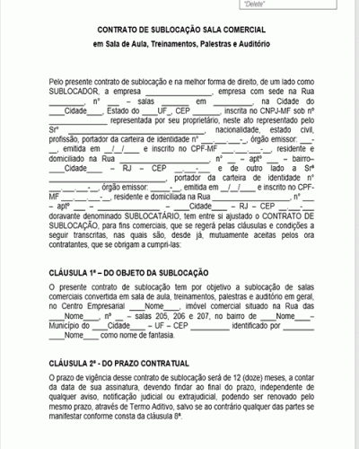 Modelo de Contrato de Sublocação de Sala Comercial por Hora - Período acordado ou Mensal