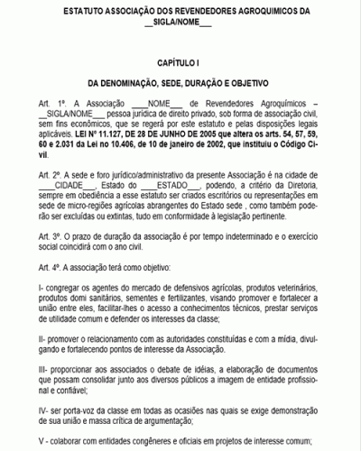 Modelo de Estatuto Associação dos Revendedores Agroquimicos - Comerciantes de Sementes e Outros Produtos Agrícolas