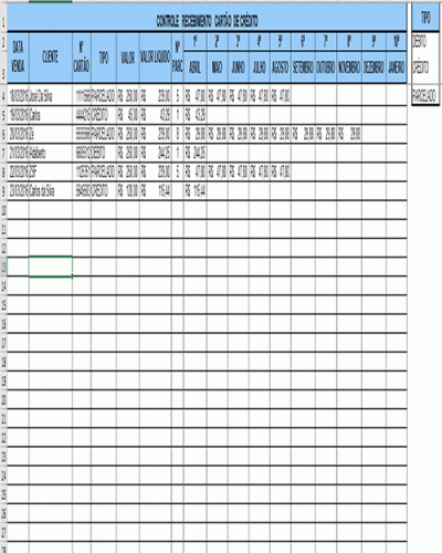 Modelo de Planilha de Controle de Faturamento com Cartões de Crédito e Débito