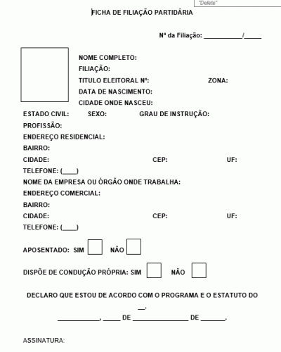 Modelo de Ficha de Filiação Partidária Partido