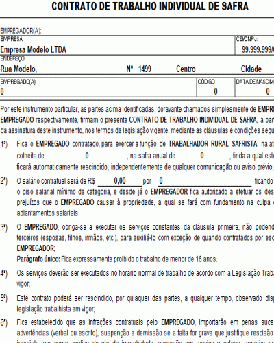 Modelo de Contrato de Trabalho Individual de Safra em Excel - Empregado Funcionário