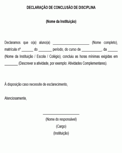 Modelo de Carta Declaração de Conclusão de Disciplina