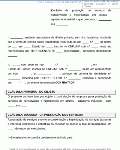 Modelo de Contrato de Prestação de serviços de Conservação e Higienização em alturas