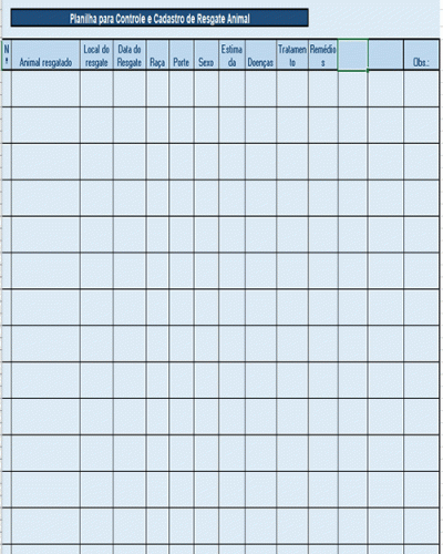 Modelo de Planilha Excel para Controle e Cadastro de Animais resgatados