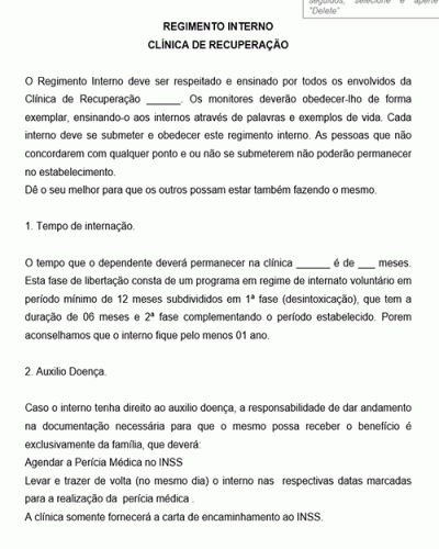 Modelo de Regimento Regulamento Interno para Clínica de Recuperação