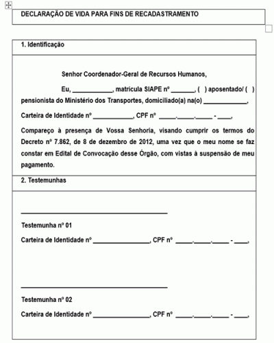 Modelo de Declaração de Vida para fins de Recadastramento