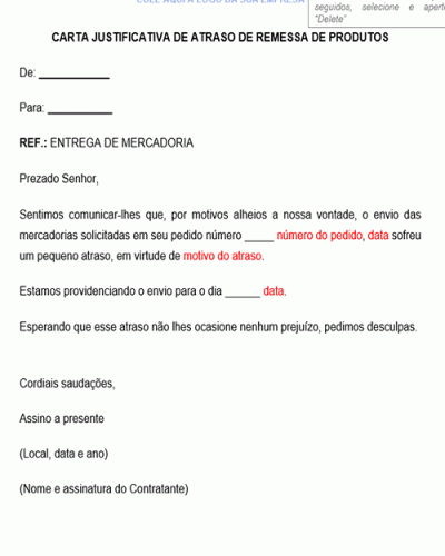 Modelo de Carta Justificativa por Atraso na Entrega Envio de Produto 