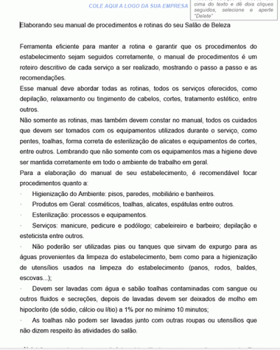 Modelo de Roteiro Básico para a Elaboração de um Manual de Normas, procedimentos e Rotinas para Salão de Beleza