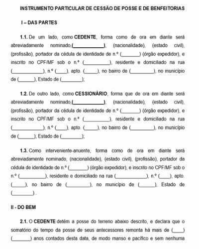 Modelo de Instrumento Particular de Cessão de Posse e de Benfeitorias