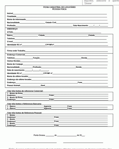 Referência Para Uma Ficha Cadastral De Inquilino Locatário Modelo