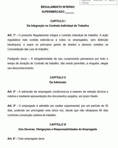 Modelo de Regimento Regulamento Interno para Supermercado