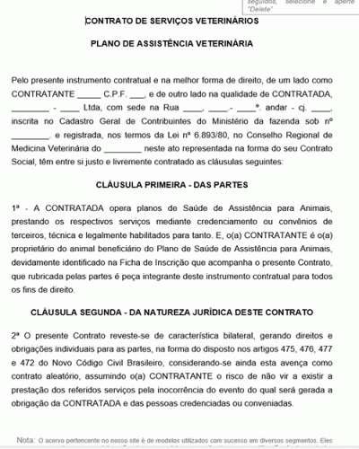 Modelo de Contrato de Serviços Veterinários Plano de Assistência Veterinária