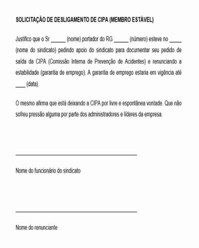 Modelo de Solicitação de Desligamento Renúncia da CIPA