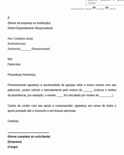 Modelo de Solicitação Pedido de Cancelamento de Patrocínio