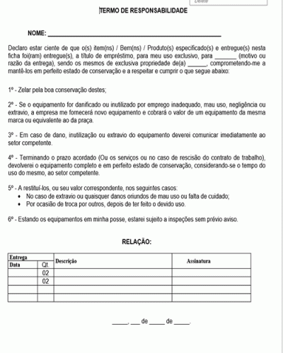 Referência Para Uma Declaração De Entrega E Termo De Responsabilidade