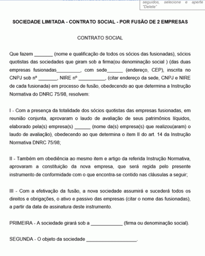 Modelo de Contrato social Fusão entre duas empresas Pessoas Jurídicas PJ