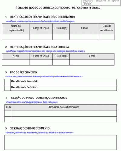 Modelo de Termo Recibo de Entrega de Produto Material ou Serviço