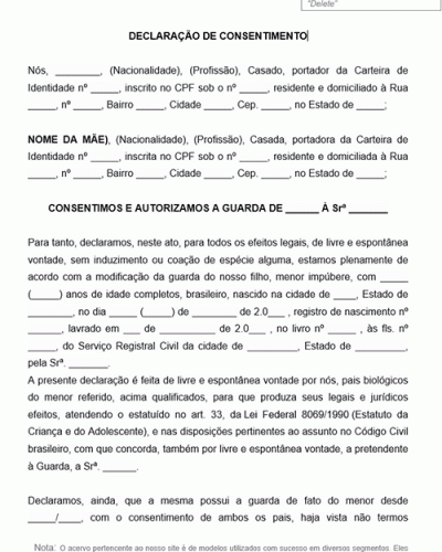 Modelo de Declaração e Consentimento de Guarda de Menor