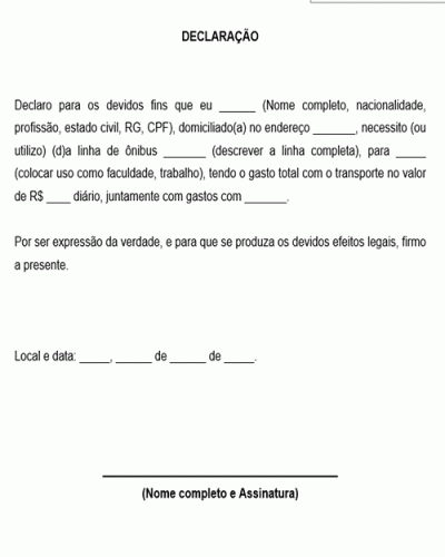 Modelo de Declaração de Uso de Linha de ônibus e gastos com locomoção