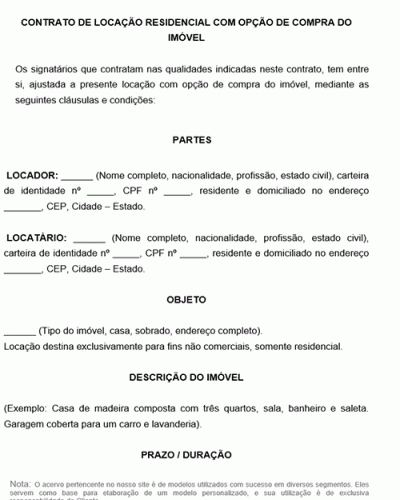 Modelo de Contrato de Locação para Casa ou Residencia com opção de Compra