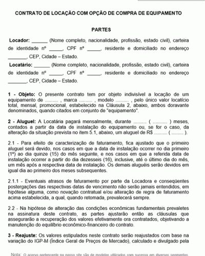 Modelo de Contrato de Locação de Equipamentos com Opção de Compra do Equipamento