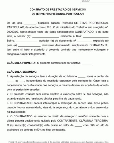 Modelo de Contrato de Prestação de Serviço de Detetive Profissional Particular