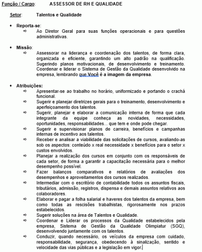 Modelo de Descrição de Cargo - Assessor de RH e Qualidade