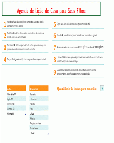 Modelo de Planilha de Agenda de Lição de Casa para os filhos - Tarefas e Deveres da Escola