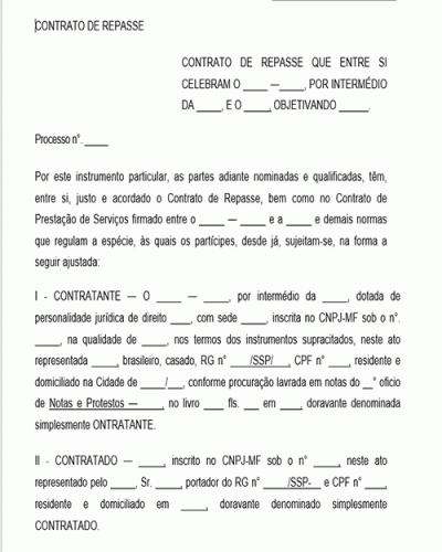 Modelo de Contrato de Repasse de Valores ou Recursos Financeiros