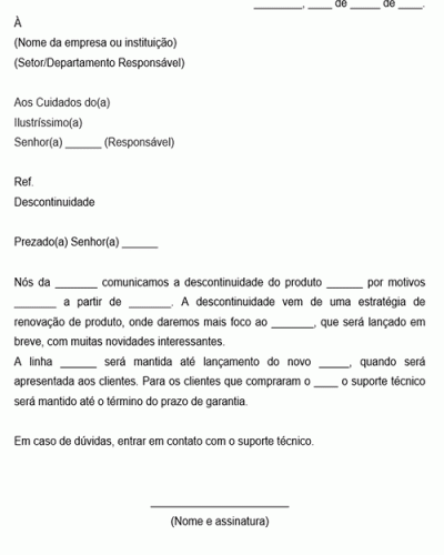 Modelo de Aviso Comunicado de Descontinuidade de fabricação fornecimento do Produto