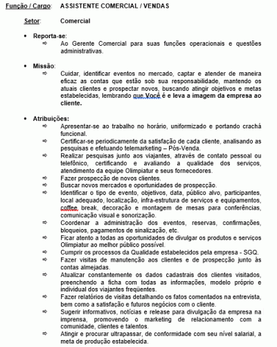 Exemplo de Descrição de Cargo - Assistente Comercial e Vendas