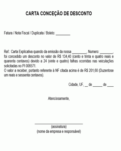 Modelo de Carta de Desconto concedido ao Cliente em Fatura Duplicata Nota Fiscal Boleto