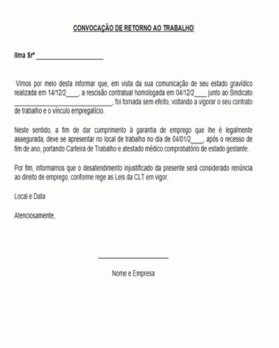 Modelo de Carta de Reintegração da Empregada para Retornar ao Trabalho devido Gravidez