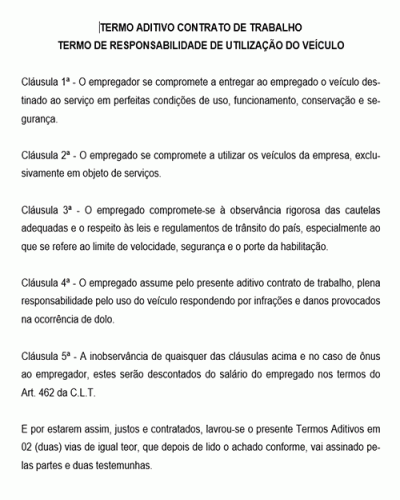 Modelo de Termo Aditivo de Contrato de Trabalho Termo de Responsabilidade de Utilização do veículo