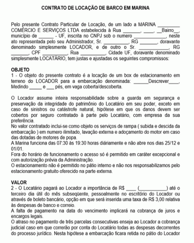 Modelo de Contrato para Locação de Barco em Marina - Aluguel Vaga Nautica para Iate ou Lancha