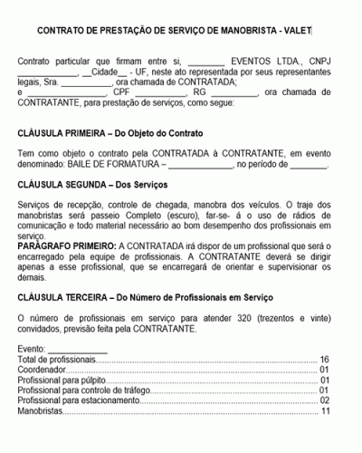 Contrato Padrão para Prestação de Serviços de Manobrista Valet - Eventos