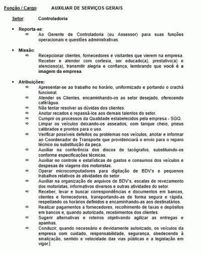 Modelo de Descrição de Cargo - Auxiliar de Serviços Gerais